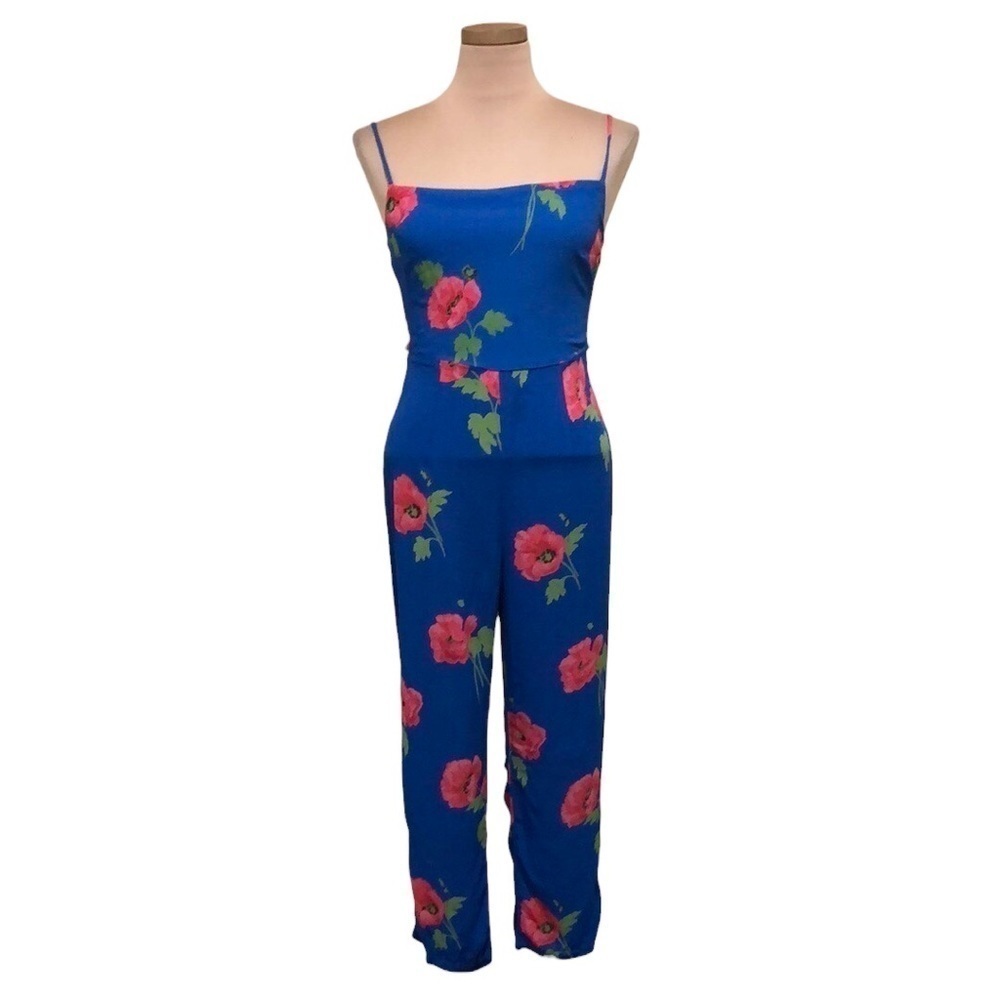FLYNN SKYE Rosalie Jumpsuit Size 6 Royal Blue Red Peony Floral Print